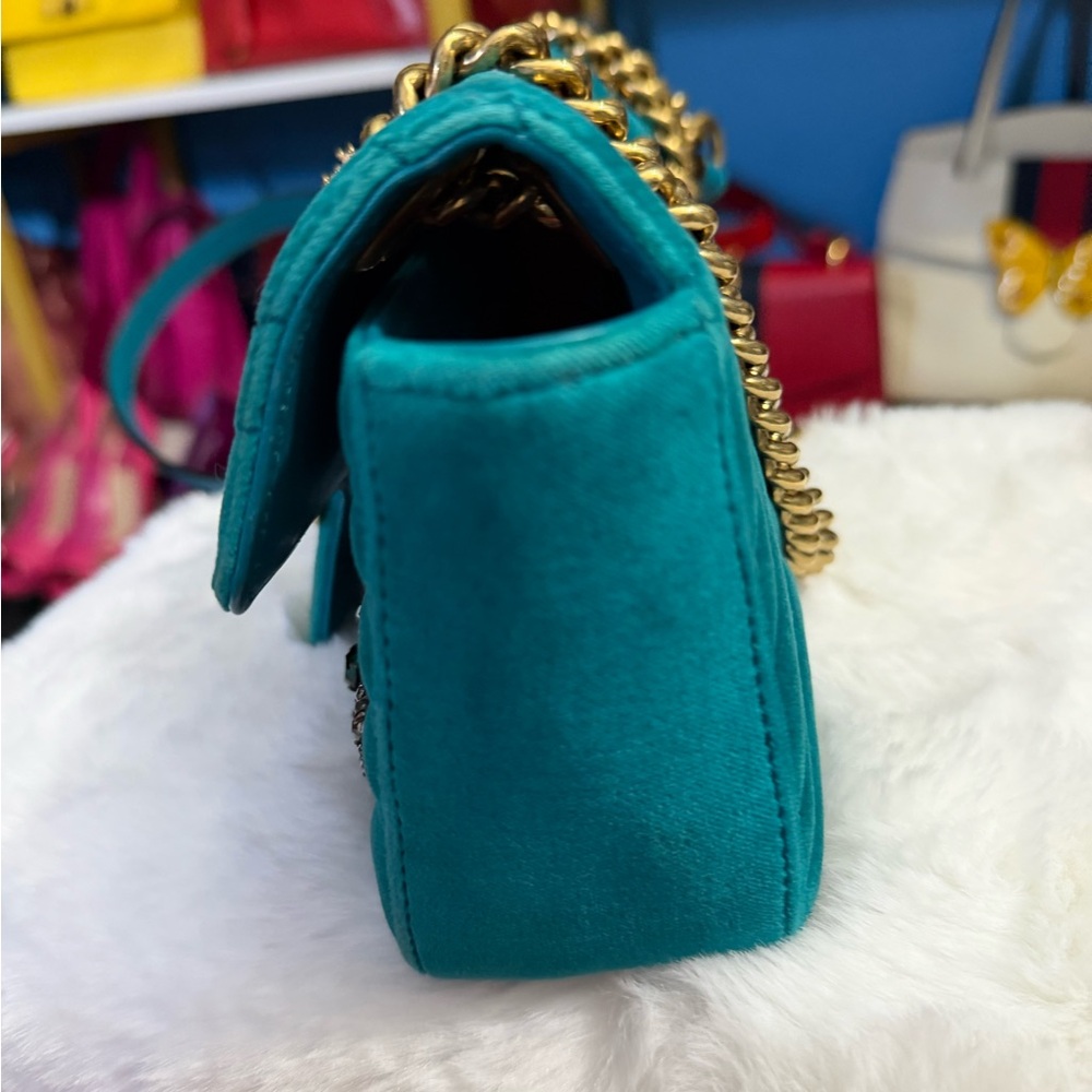 GG Marmont Teal Velvet Crystal Embellished Limited Edition Shoulder/Crossbody - Picture 14 of 16